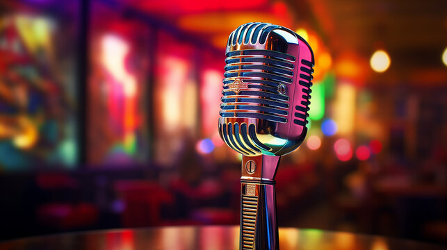A retro chrome microphone on a stand in a 1950s diner neon signs colorful background 3D illustration
