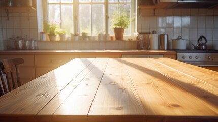 Empty wooden kitchen table, blurred kitchen in background in low contrast with sunshine rays 
