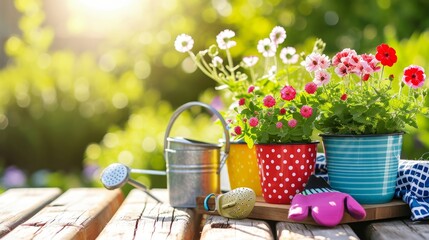 colorful flower pots with watering can and gloves on wooden table on sunny garden background. banner with copy space 
