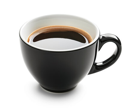  A close-up image of a black coffee cup filled with freshly brewed coffee, isolated against a white background. The cup’s sleek design and glossy finish add a modern aesthetic to the image.