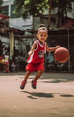 Naklejka premium Adorable playing baby with basketball over picture