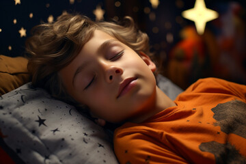 Sleep day, asleep and health problems, insomnia, soft bed time night lazy pillow comfort room, relax melatonin, woman man girl boy, moon star, banner copy space greeting card background.