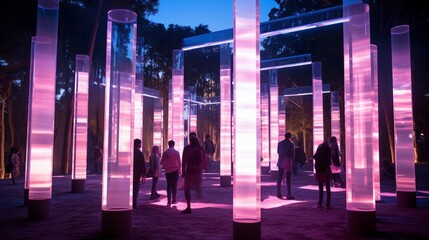 A futuristic park with holographic sculptures and interactive light installations