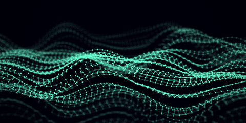 Modern style noise wave of particles. The futuristic digital abstract network connection background. Big data visualization. 3D rendering.