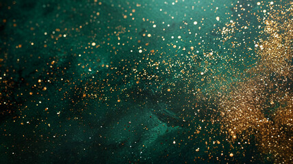 Fototapeta na wymiar Golden glitter and sparkles scattered on a emerald green background with copy space.