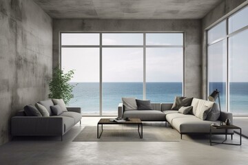 A contemporary lounge and living room with concrete wall background and a view of the sea. Generative AI