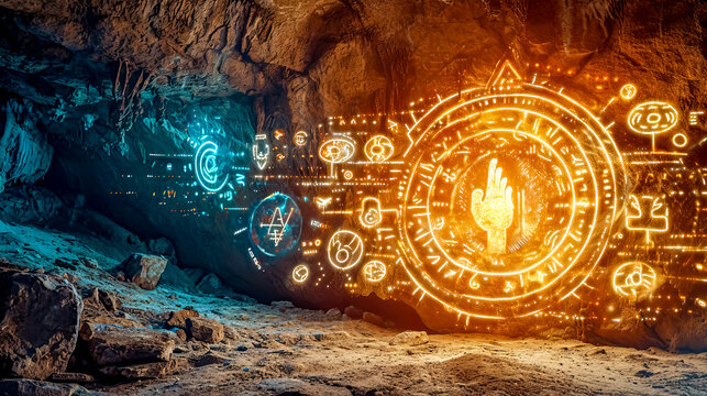 A captivating blend of ancient and futuristic, cave's rocky interior bathed in the golden glow of mysterious, glowing symbols and icons, civilization or alien technology merging with natural elements