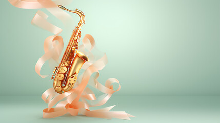 seafoam green saxophone with fluttering silk ribbons on a soft tangerine dawn. 3D rendering - obrazy, fototapety, plakaty