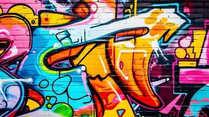 Photo sur Aluminium Graffiti wall scratched with colorful graffiti and drawings. colorful graffiti brick wall urban visual