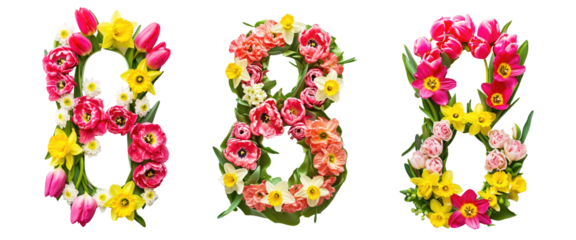 Set of 8 March flower decorations isolated on transparent background.