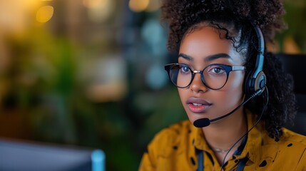 Call center, conversation and happy woman at help desk for advice, sales and telemarketing in headset. Consulting, communication and face of virtual assistant, customer service agent or crm advisor. - obrazy, fototapety, plakaty