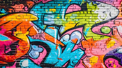 Fototapeta premium wall scratched with colorful graffiti and drawings. colorful graffiti brick wall urban visual