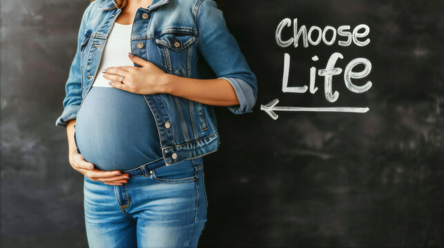 Pregnant Woman Posing Next to a Chalkboard with 'Choose Life' Message