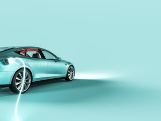 Turquoise blue electric car connected to charger on blue background with copy space. 3D Rendering, 3D Illustration