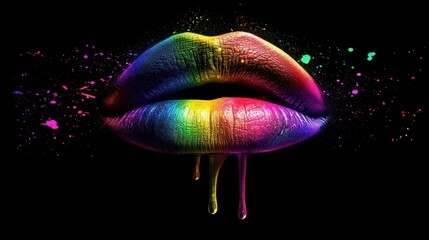 Lips LGBT. Lesbian Gay Bisexual Transsexual Rights. Rainbow flag painted on female lips background texture. Fashion and cosmetics. Gay and lesbian icon. Sexy Lipstick for a Homosexual Kiss - obrazy, fototapety, plakaty
