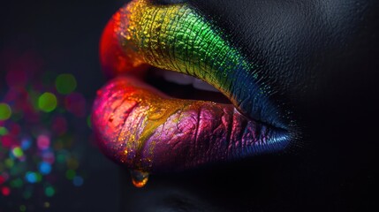 Sexy, juicy female lips covered with rainbow colored lipstick, wet paint, makeup. 3d ilustration. - obrazy, fototapety, plakaty