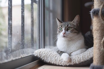 Tabby cat laying in a couch and looking through window
