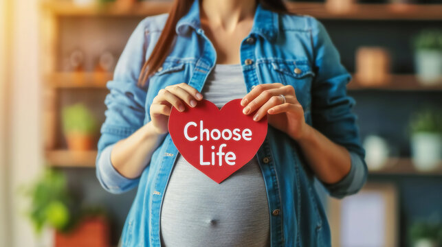 regnant Woman Holding Heart with 'Choose Life' Message