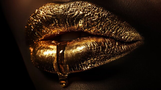Golden lips with gold lipstick on isolated background. Sensual girl or woman mouth with gold.
