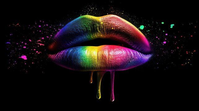 Lips LGBT. Lesbian Gay Bisexual Transsexual Rights. Rainbow flag painted on female lips background texture. Fashion and cosmetics. Gay and lesbian icon. Sexy Lipstick for a Homosexual Kiss