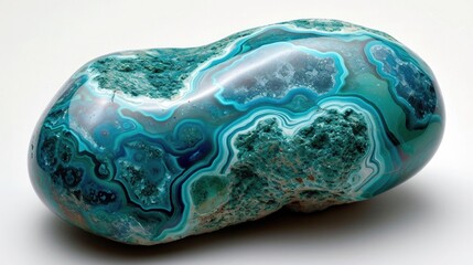 Vivid Chrysocolla with its striking blue-green patterns, elegantly contrasting with a pure white environment