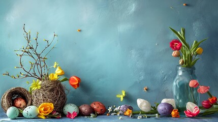 Obraz na płótnie Canvas AI generated illustration of Easter egg nest with colorful flowers on blue surface