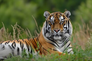 Tiger Resting Amidst Tall Grass