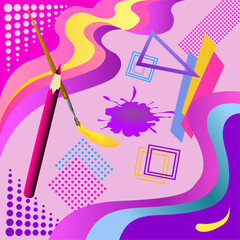 Abstract illustration in Mephis style. Watercolor brush, pencil, rulers, paints and ink stain. Vector design, background