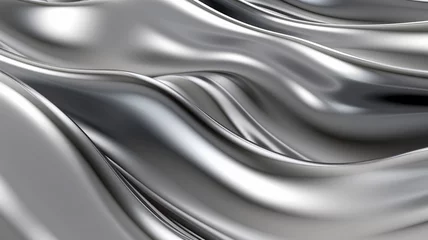 Tuinposter Liquid silver metal abstract background. Metallic waves with shimmers backdrop. Chromomorphism concept. © Iryna