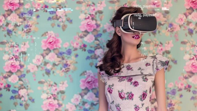 Beautiful female wearing vr headset in vintage setting with floral wallpaper