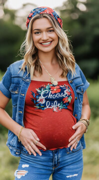 Expectant Mother Radiating Positivity in Stylish 'Choose Life' Tee"