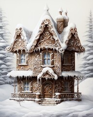 Beautiful winter snow gingerbread Christmas house photography