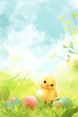 AI generated illustration of a baby chick exploring the grassy field amidst colorful Easter eggs