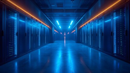 data center with colored lights on the floor server room. light tunnel in the night. background with lines - obrazy, fototapety, plakaty