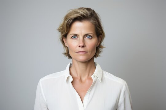 Portrait Of Serious Mature Business Woman Looking At Camera. Businesswoman Wearing White Shirt.