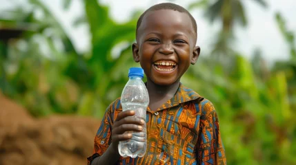 Foto op Canvas Close-up Of An African Girl With Earrings Drinking Water Straight From A Big Plastic Bottle © Ibad