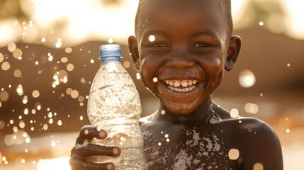 Close-up Of An African Girl With Earrings Drinking Water Straight From A Big Plastic Bottle - obrazy, fototapety, plakaty