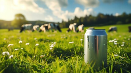 retro can for milk with cows eating clover on the background - obrazy, fototapety, plakaty