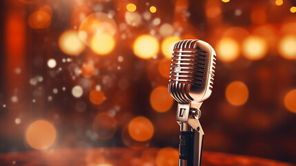 a vintage ribbon microphone set on a jazz club stage with soft amber spotlights 3D illustration