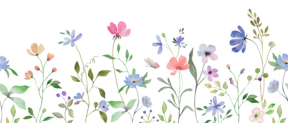 Seamless  floral watercolor border. Hand drawn illustration isolated on white background. Vector EPS.
