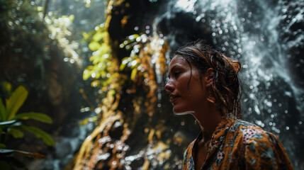 A woman stands in front of a waterfall,  her hair wet and her face turned to the side.