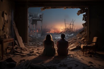 A young couple sits hugging in a destroyed house. Breaking a window. Fire in the house. Destroyed life. Young couple with backs against the background of fire
