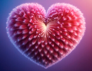 Heart shape made of red and pink feathers on a blue background.