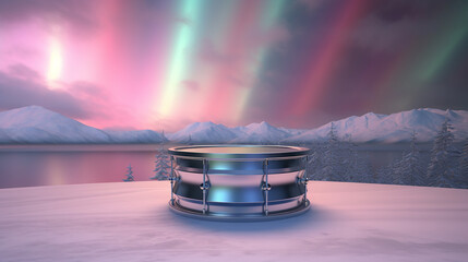 Silver steel drum with pastel aurora waves on a backdrop of cool morning mist. 3D rendering - obrazy, fototapety, plakaty