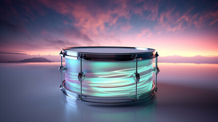 cool morning mist with silver steel drum with pastel aurora waves on a backdrop. 3D rendering - obrazy, fototapety, plakaty