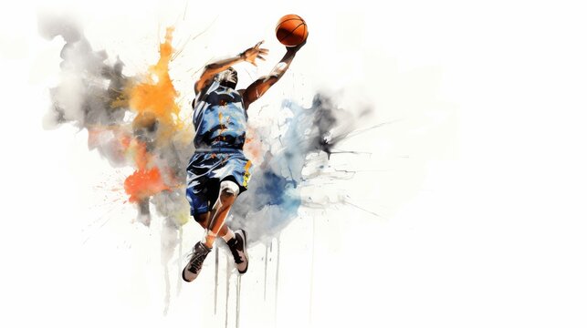 Action picture of basketball player leaping to the hoop impressionistic style, white background 