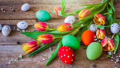 easter eggs in a basket, easter eggs and tulips on wooden background, Easter eggs, and whimsical Easter-themed flat lay on a wooden table, featuring a mix of vibrant tulips,