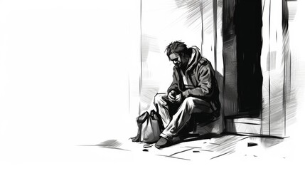 Black-and-white illustration of homeless man, leaning against building