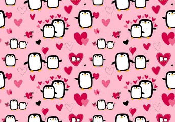 Valentines hearts seamless penguin and love pattern for wrapping paper and fabrics and linens and kids clothes