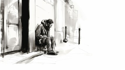 Black-and-white illustration of homeless man, leaning against building